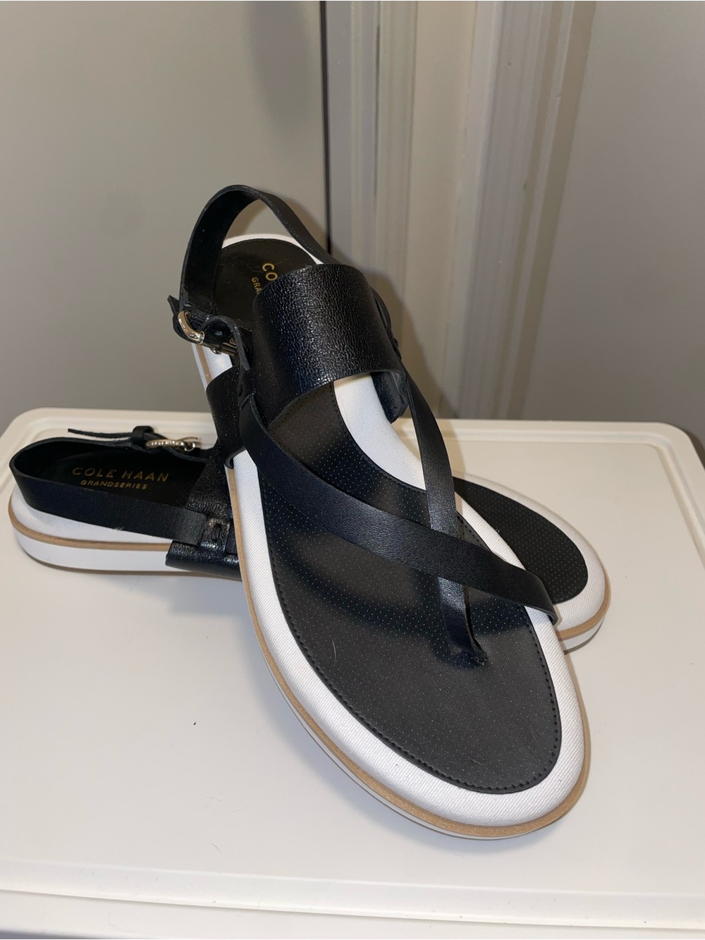 Cole Haan Black and White Leather Thong Slingback Sandals